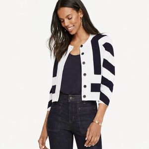 Ann Taylor Striped Cropped Cardigan Navy White Button Front Size M